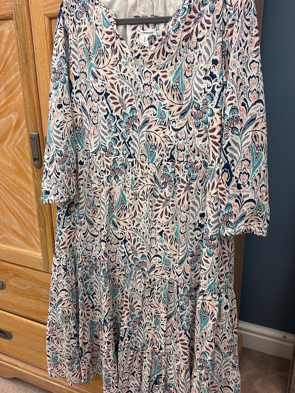 Lucky Brand Floral Tiered Midi Dress in Teal, Navy & Blush